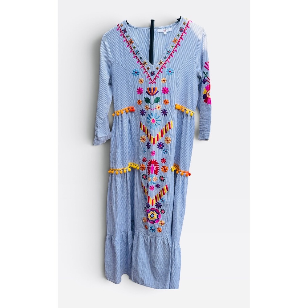 A&B Striped Embroidered Midi Dress Women S Blue White Striped GUC Boho Pom Pom